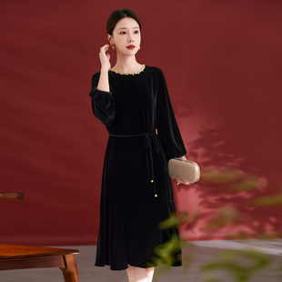 水墨佳人2025新款真丝丝绒连衣裙高端奢华大牌女高贵洋气丝绒裙子