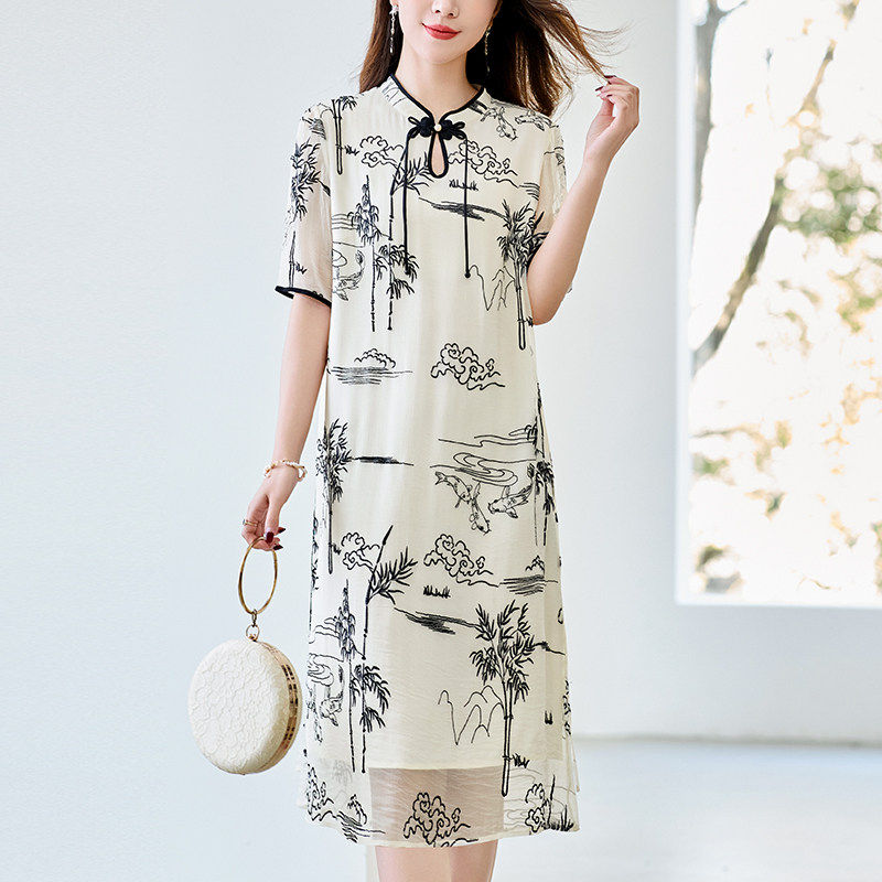 水墨佳人2026夏新款新中式国风盘扣显瘦桑蚕丝连衣裙真丝旗袍裙女