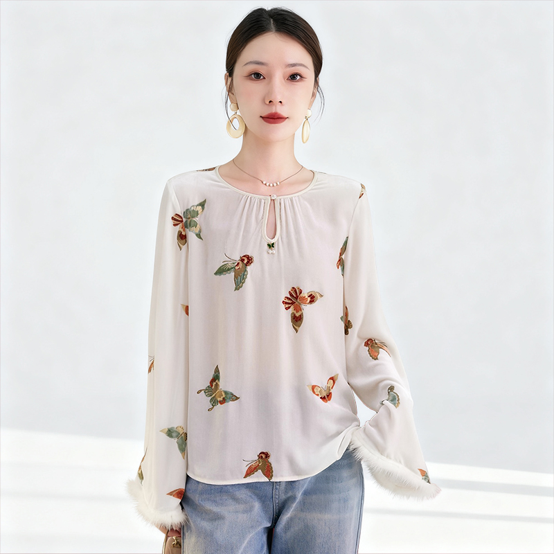 水墨佳人秋冬新款丝绒T恤