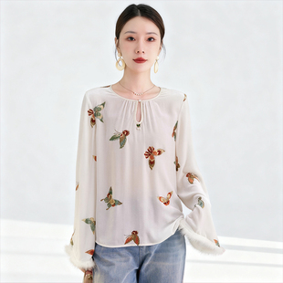 水墨佳人秋冬新款丝绒T恤宽松洋气轻奢烫金印花长袖高端真丝上衣