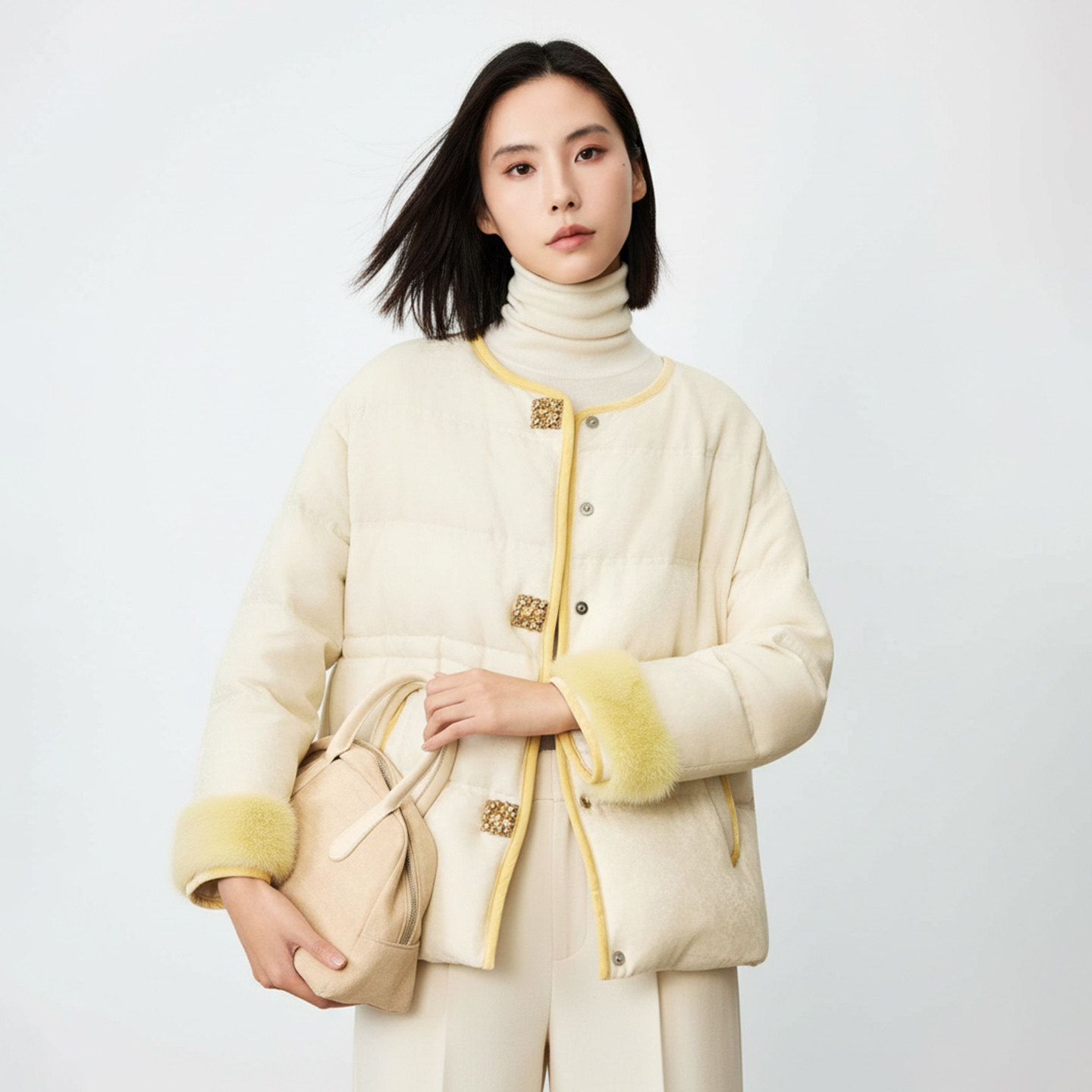 水墨佳人新中式95白鹅绒水貂毛中长款圆领盘扣炒色羽绒服通勤百搭