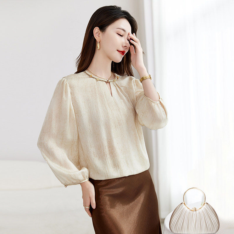 水墨佳人百搭圆领衬衫女士2026春季新款洋气质上衣内搭遮肚子小衫
