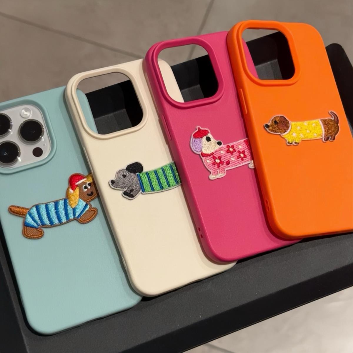 撞色刺绣小狗15新款荔枝纹简约