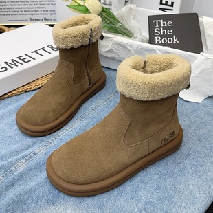 品牌自营真皮羊羔毛棉鞋女冬加绒短靴新款磨砂皮马丁靴保暖雪地靴