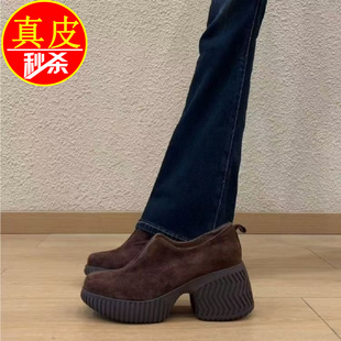 女小个子通勤单鞋 品牌真皮2026年新款 复古风圆头一脚蹬厚底高跟鞋