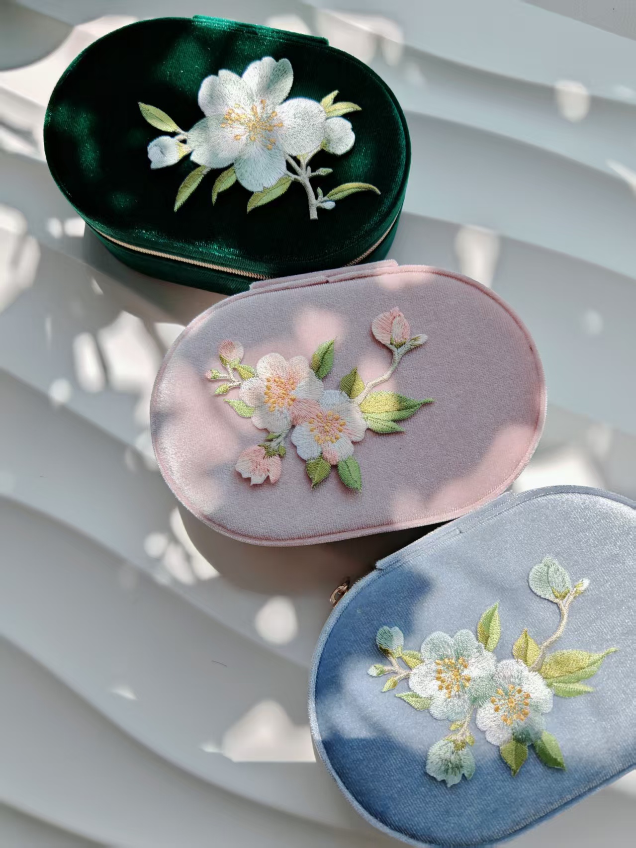 花卉系列丝绒刺绣清新旅行便携首饰收纳盒