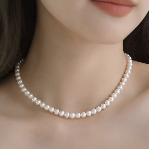 JOMEE 高品质6-7mm近正圆天然淡水强光珍珠S925银金色花扣项链女