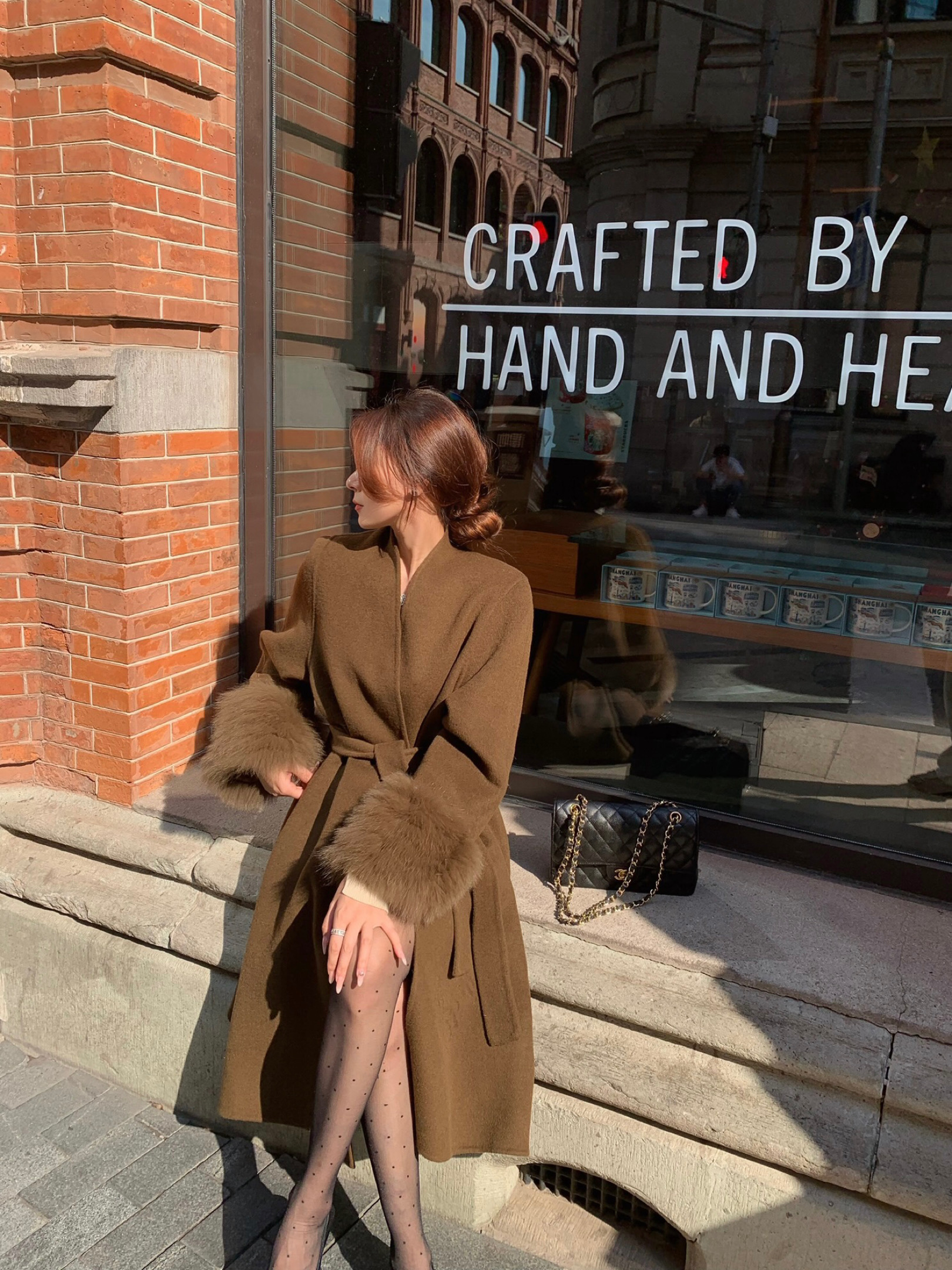 狐狸毛棕色长款浴袍大衣