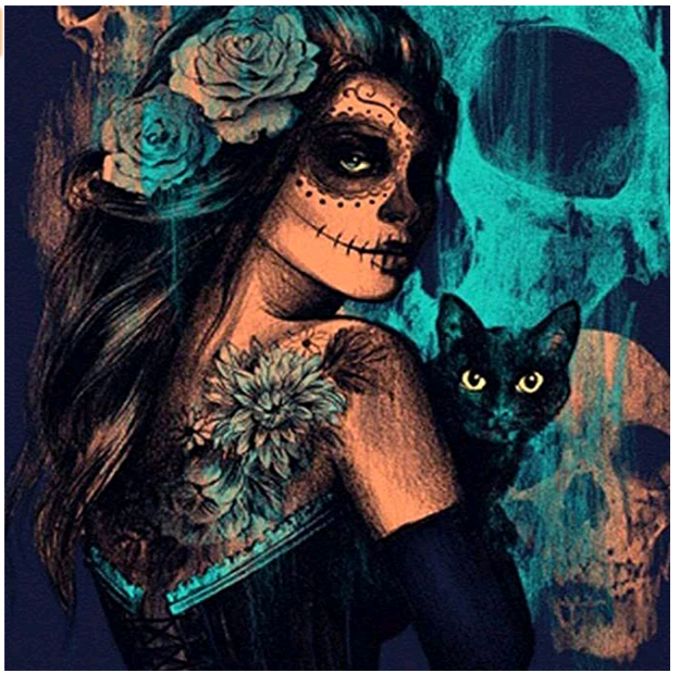 diy数字油画自己涂色材料包鲜花骷髅美女魔鬼女孩恐怖人性装饰画