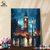DIY数字油画自己填色城市水桥冬夜之城公园小路雪景人间烟火色