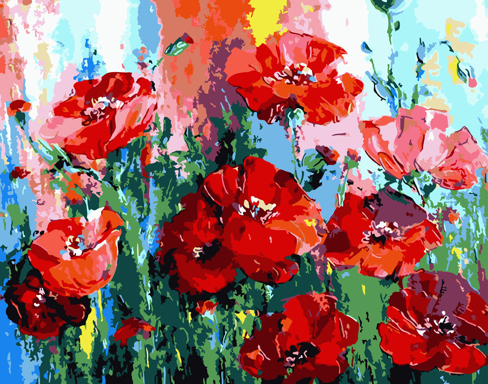 diy数字油画自己填色材料包晚霞下的虞美人花海植物被家居装饰画