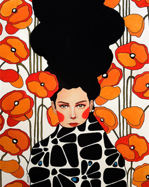 diy数字油画自己填色红黑发女生人诡异波点抱鱼卡通家居装饰新款