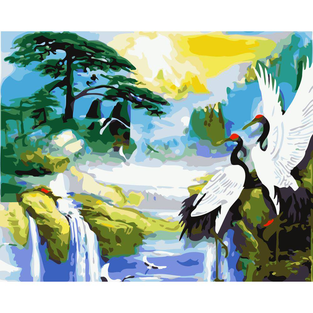 diy数字油画自己填色材料包国风丹顶起舞仙鹤桃长寿白鹭鸟装饰画
