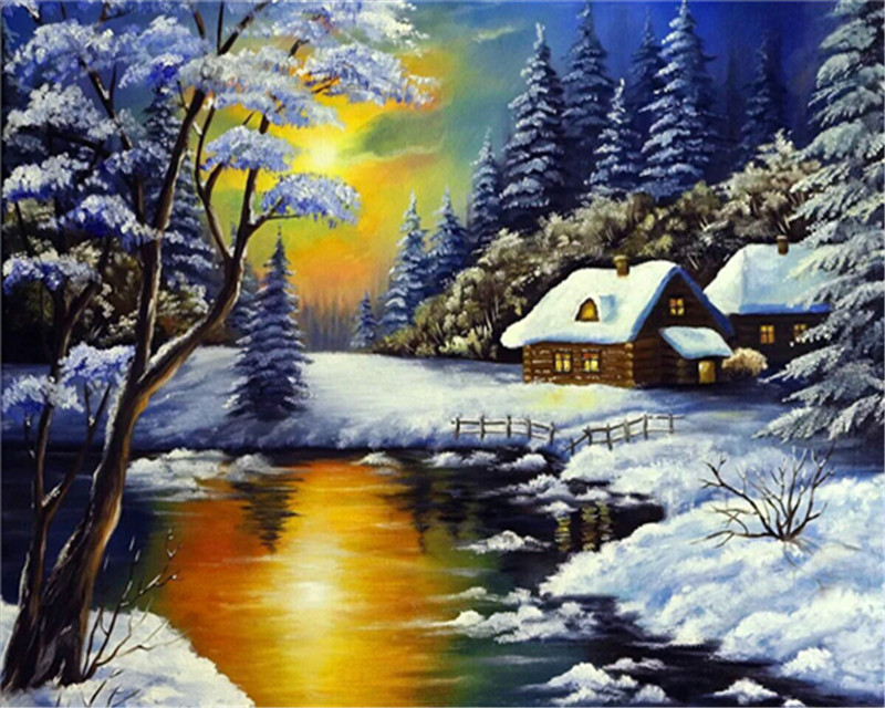 diy数字油画自己填色材料包冬天季雪景冬晚霞夜色雪屋别墅装饰画