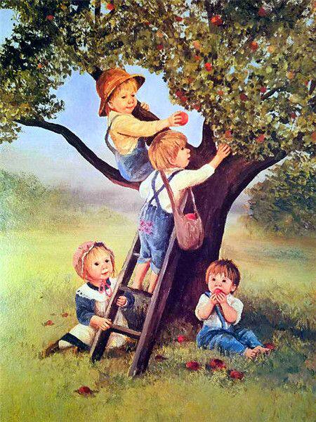 diy数字油画自己填色材料包卡通儿童话小红帽摘果的孩子们装饰画