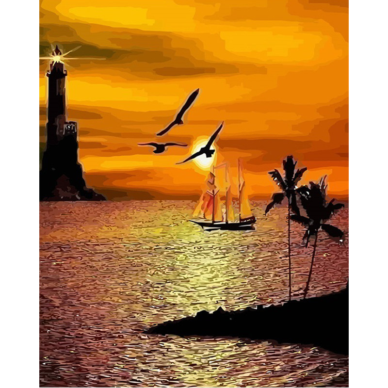 新款diy数字油画日出风景海边船纯手绘数字油画客厅卧室新款油画