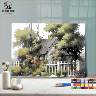 DIY数字油画自己涂填色森林里小桥屋别墅城堡山野风景居装饰新款