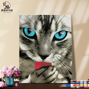 DIY数字油画自己填色猫头脑袋金蓝黑瞳脸面特写人物家居装饰新款