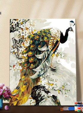 DIY数字油画自己涂填色中国风孔雀花开富贵图牡丹满堂红家居装饰