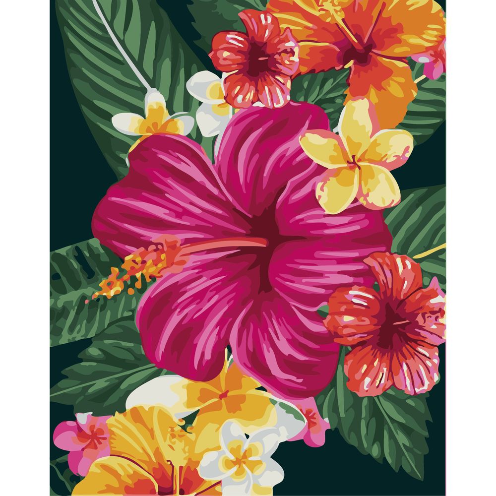 diy数字油画自己填色材料包文艺热带植物盛开大红花朵木槿装饰画