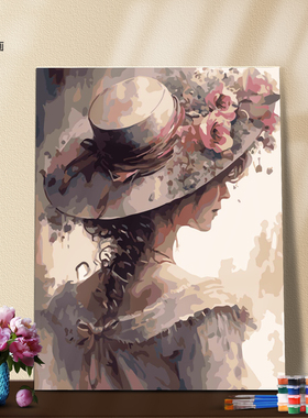 DIY数字油画自己填色材料包戴帽子的时尚摩登模特女孩人物装饰画A