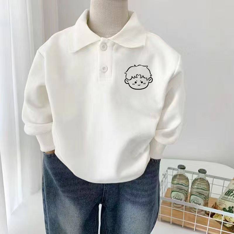 polo衫中大童国风字母印花纯棉加绒长袖上衣儿童翻领显瘦童装卫衣