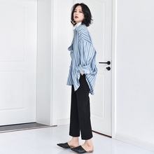 宽松长袖 设计感小众上衣 慵懒风中长款 女2019秋季 蓝色条纹衬衫 新款