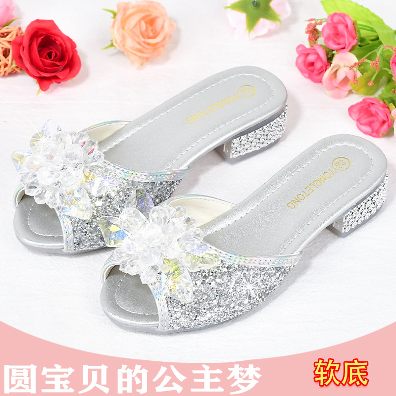 夏季女童凉拖鞋韩版灰姑娘水晶鞋高跟小女孩居家儿童软底拖鞋银色