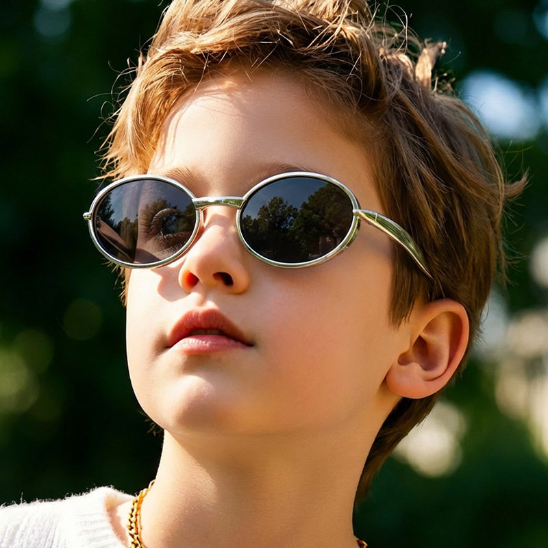 儿童小框椭圆遮阳太阳镜男3-8岁小孩卡通可爱女户外电镀金属墨镜