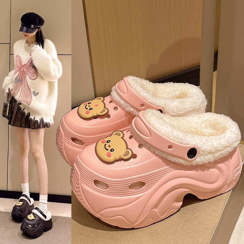 加绒厚底女士卡通两穿棉拖