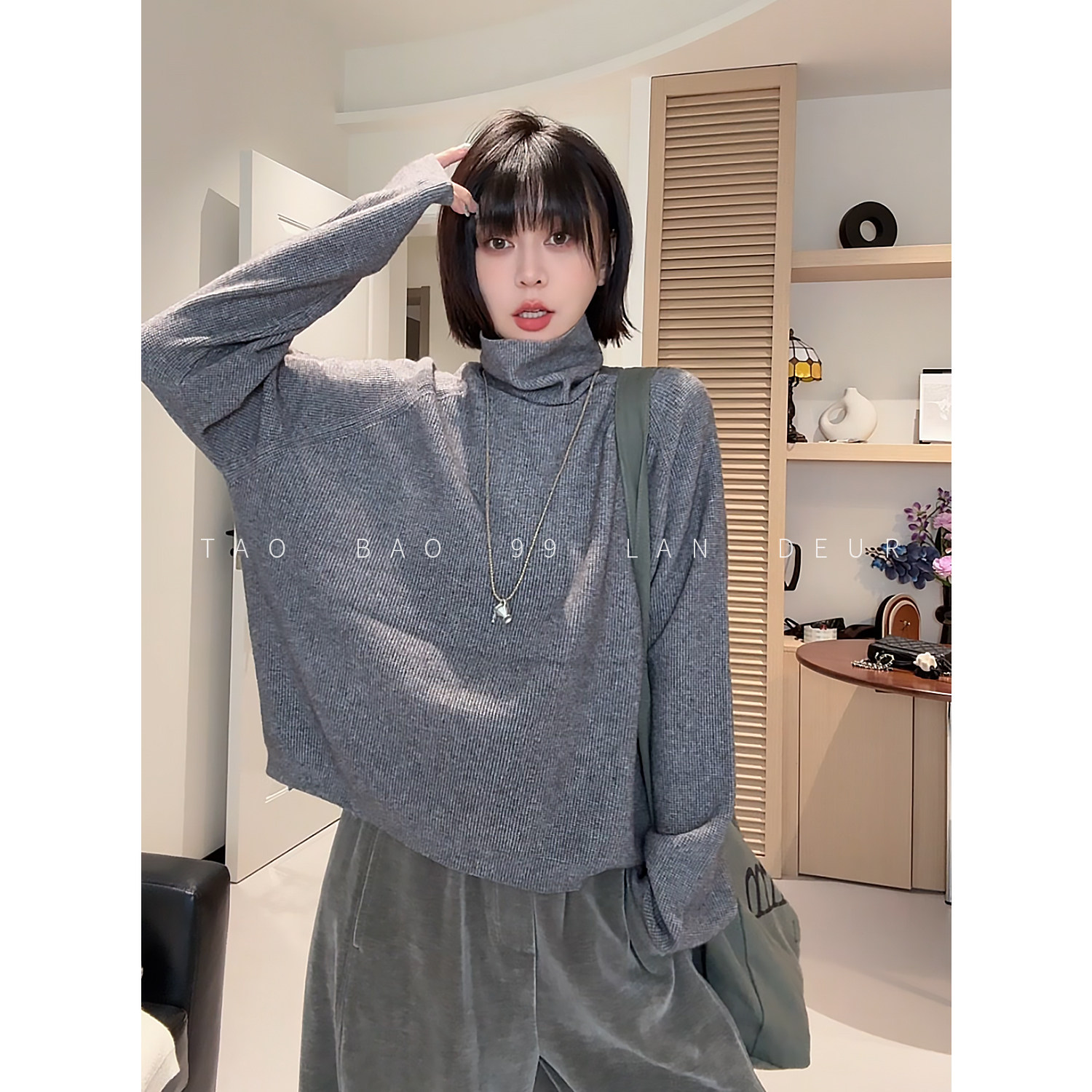 【茶菲少女】时尚百搭舒适简约纯色高领针织毛衣女