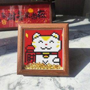 福喜招财猫钻石贴画送木框儿童手工diy材料包砖石粘贴点钻画摆件