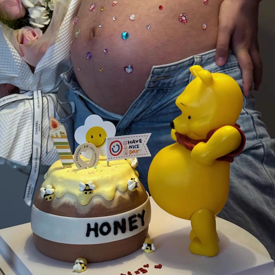 卡通大肚维尼熊生日蛋糕装饰摆件可爱大肚熊怀孕孕妇生日蛋糕摆件