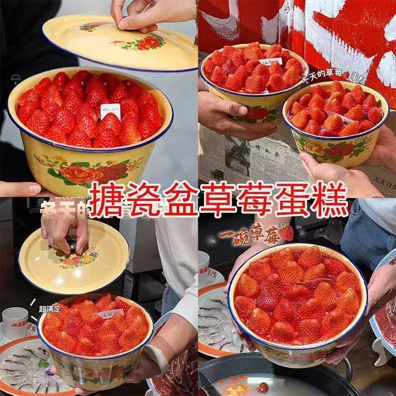 网红同款草莓蛋糕装饰搪瓷盆复古趣味甜品装饰水果蛋糕猪油盆