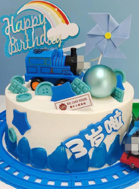 网红卡通电动蓝色轨道小火车蛋糕装饰摆件儿童周岁生日派对车子