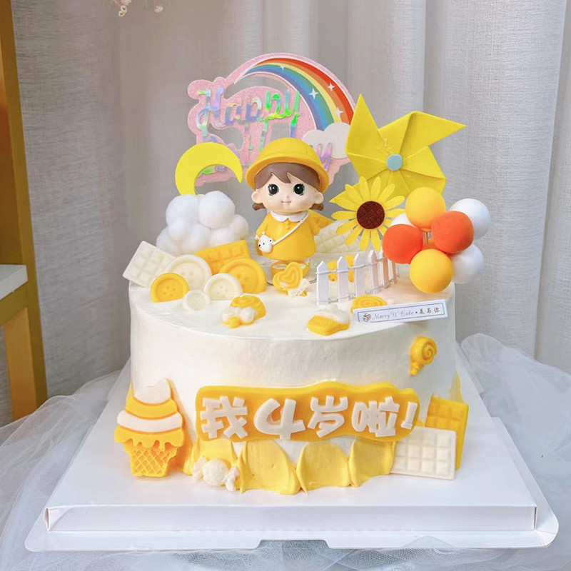 黄衣小女孩生日蛋糕装饰摆件插件