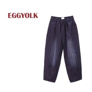 EGGYOLK手工老土布暗条纹水洗做旧休闲裤女宽松松紧腰百搭大码裤