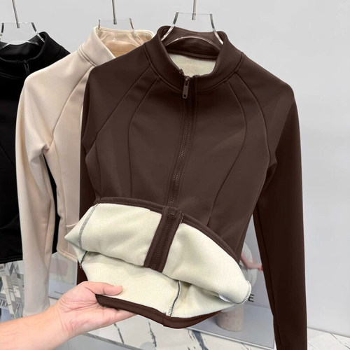 加绒保暖瑜伽外套女双拉链开衫运动上衣健身服长袖瑜伽服秋冬款