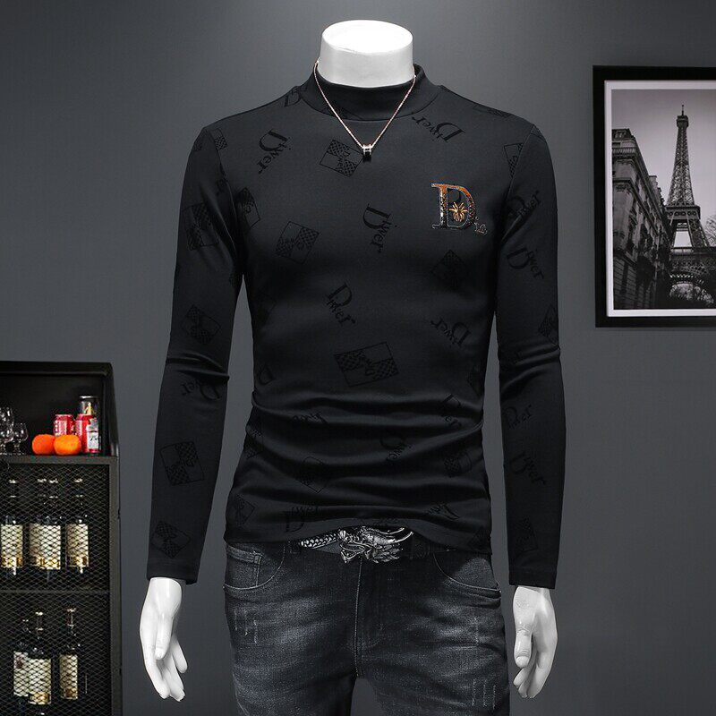 潮牌秋冬加绒加厚字母印花长袖T恤男半高领修身大码中领亮片高端