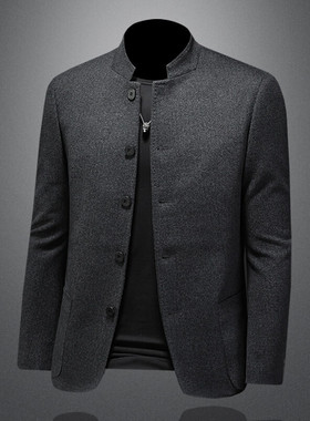 春XZ88021/P195五粒扣羊毛混纺西服外套男商务立领单西上衣中山装