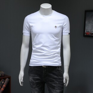 欧洲站潮牌短袖T恤男纯棉小蜜蜂刺绣圆领打底衫修身简约夏季时尚