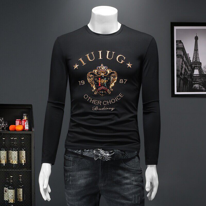 欧洲站秋季字母刺绣长袖T恤男圆领修身亮片打底衫简约青年上高端