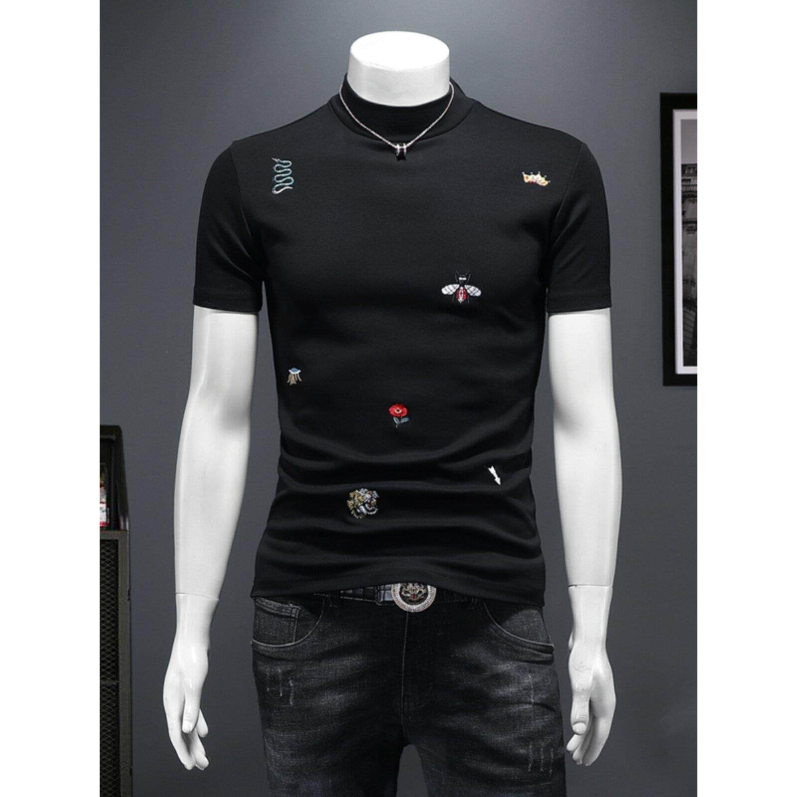 欧洲站秋冬季半高领短袖T恤男个性刺绣加绒加厚中领大码打底简单