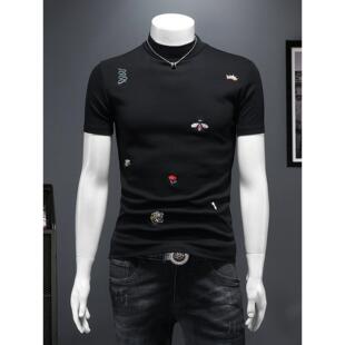 欧洲站秋冬季半高领短袖T恤男个性刺绣加绒加厚中领大码打底简单