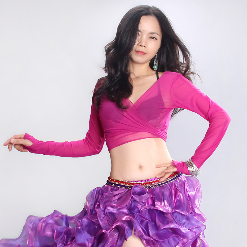 青曼舞艺新款肚皮舞蹈现代舞上衣性感网纱胸托绑带长袖开衫纱衣