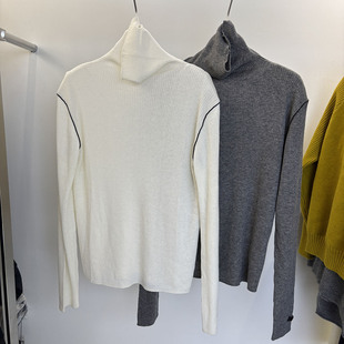 欧洲站2025冬季新款简约百搭气质高龄撞色拼接羊毛针织衫打底衫女