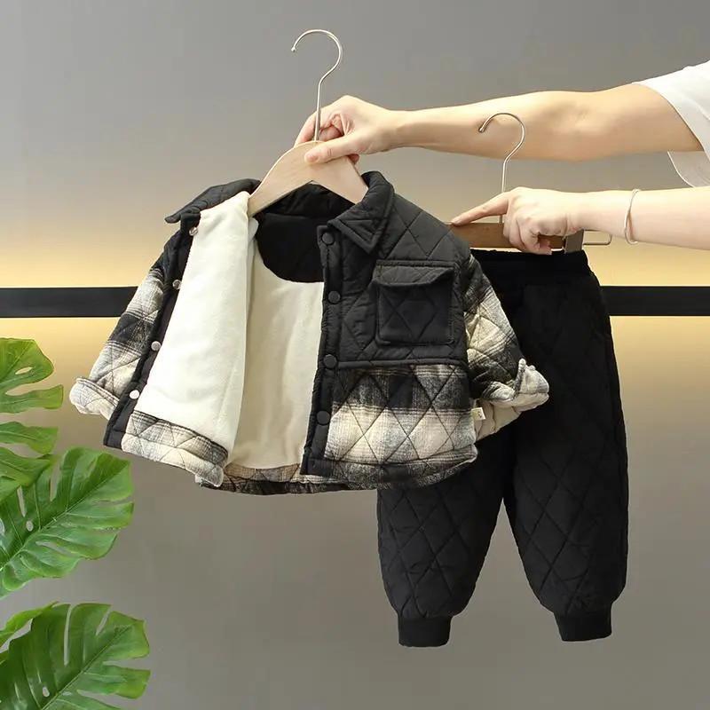 男童冬装加绒加厚套装2025新款宝宝冬季棉服外套儿童带帽秋冬款