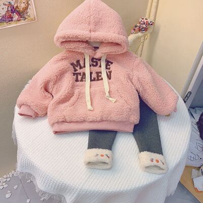 女童冬季套装2023儿童加绒加厚卫衣外套羊羔毛加厚打底裤一条过冬