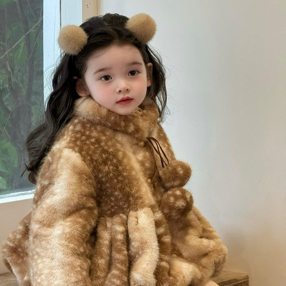 女童外套韩系可爱小鹿毛毛衣2025冬季保暖斗篷加绒加厚外套冬棉衣