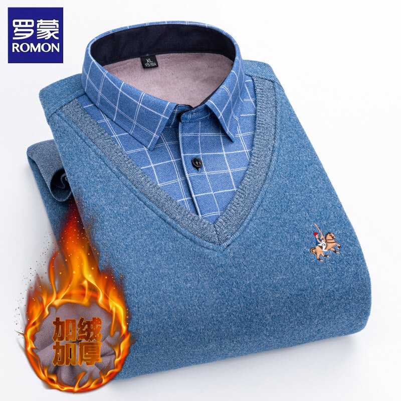 Romon假两件罗蒙加绒衬衣寸衫